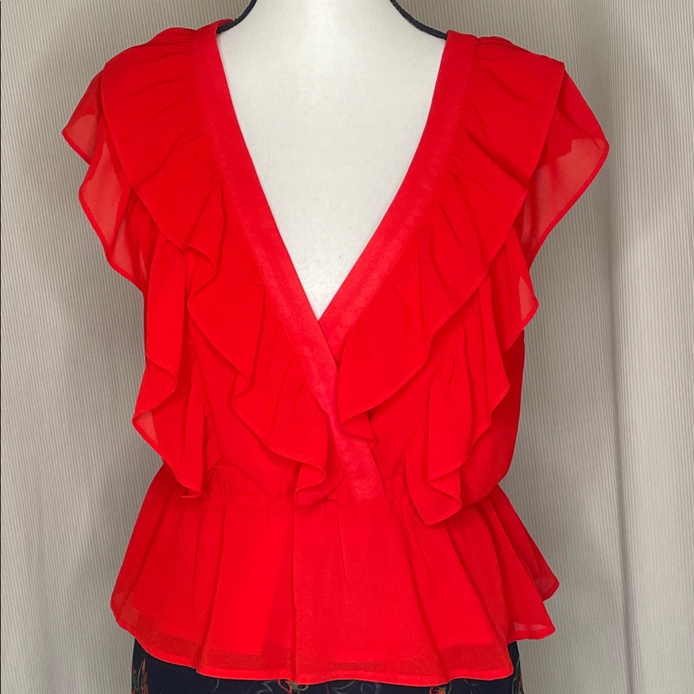 Wayf Ruffled Red Top V Neck Flutter Sleeves Blouse Top